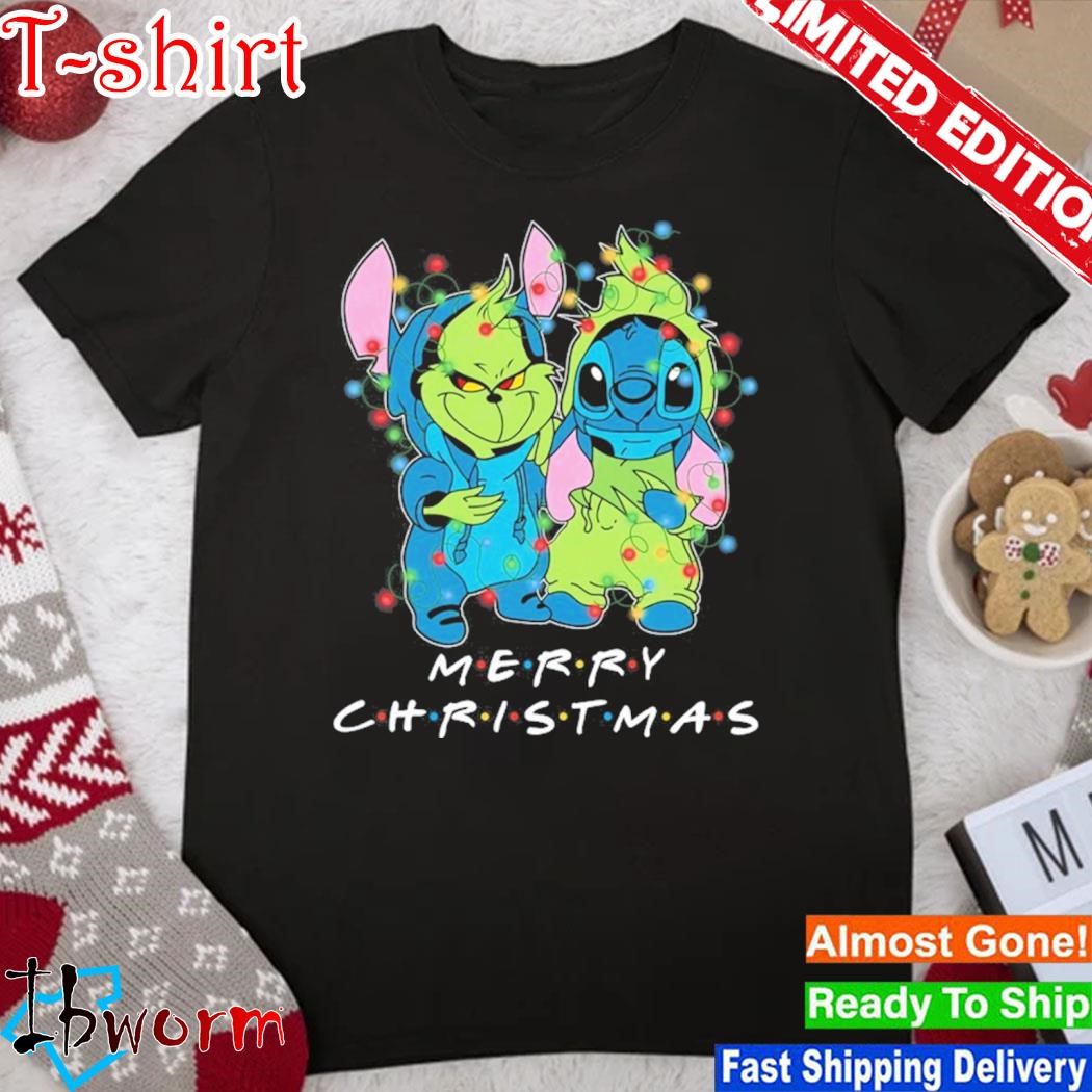 Baby Grinch and baby Stitch merry christmas light shirt
