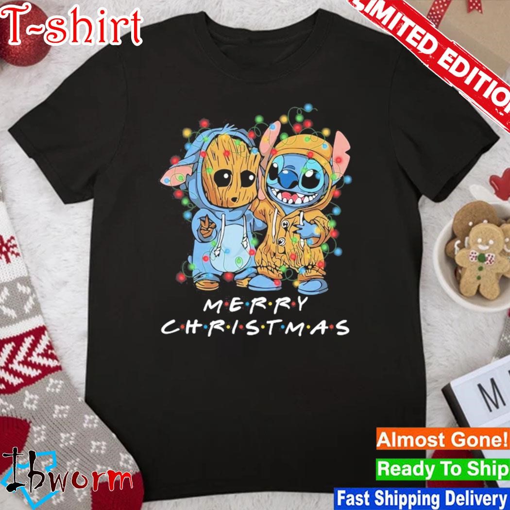 Baby Stitch and baby Groot merry christmas light shirt