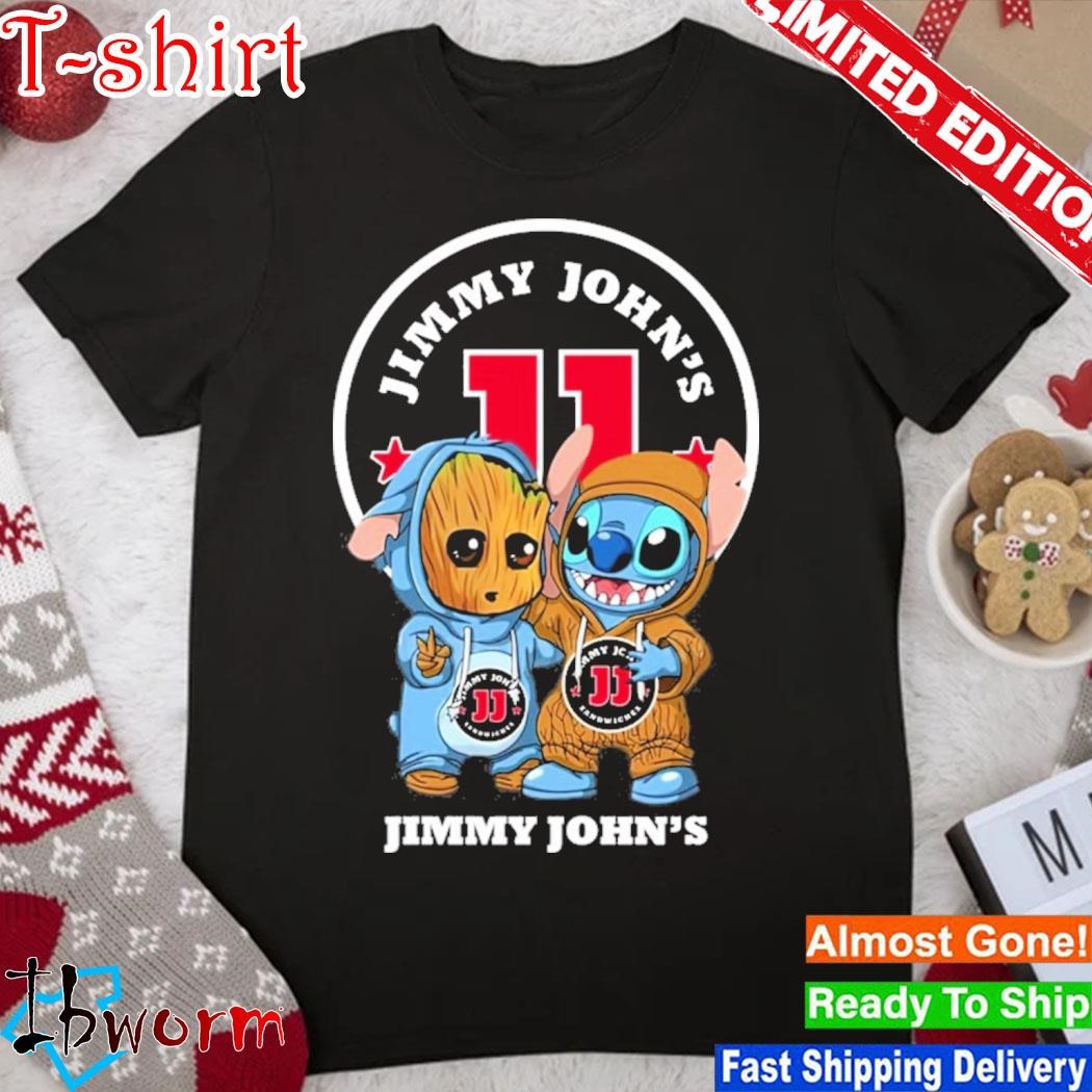 Official baby Stitch and Baby Groot Jimmy john's logo shirt