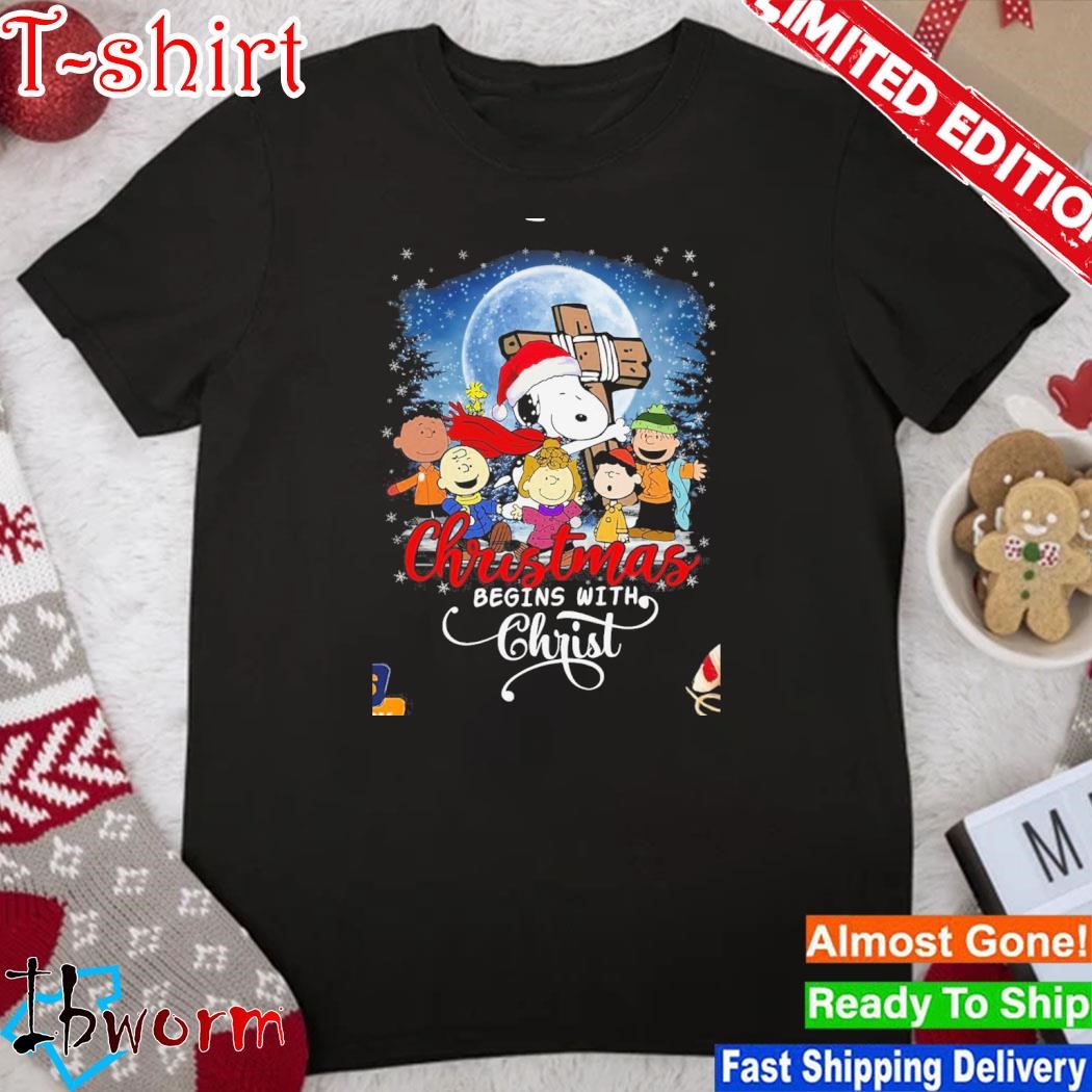 Official christmas begin with christ the Peanuts characters Snoopy shirt