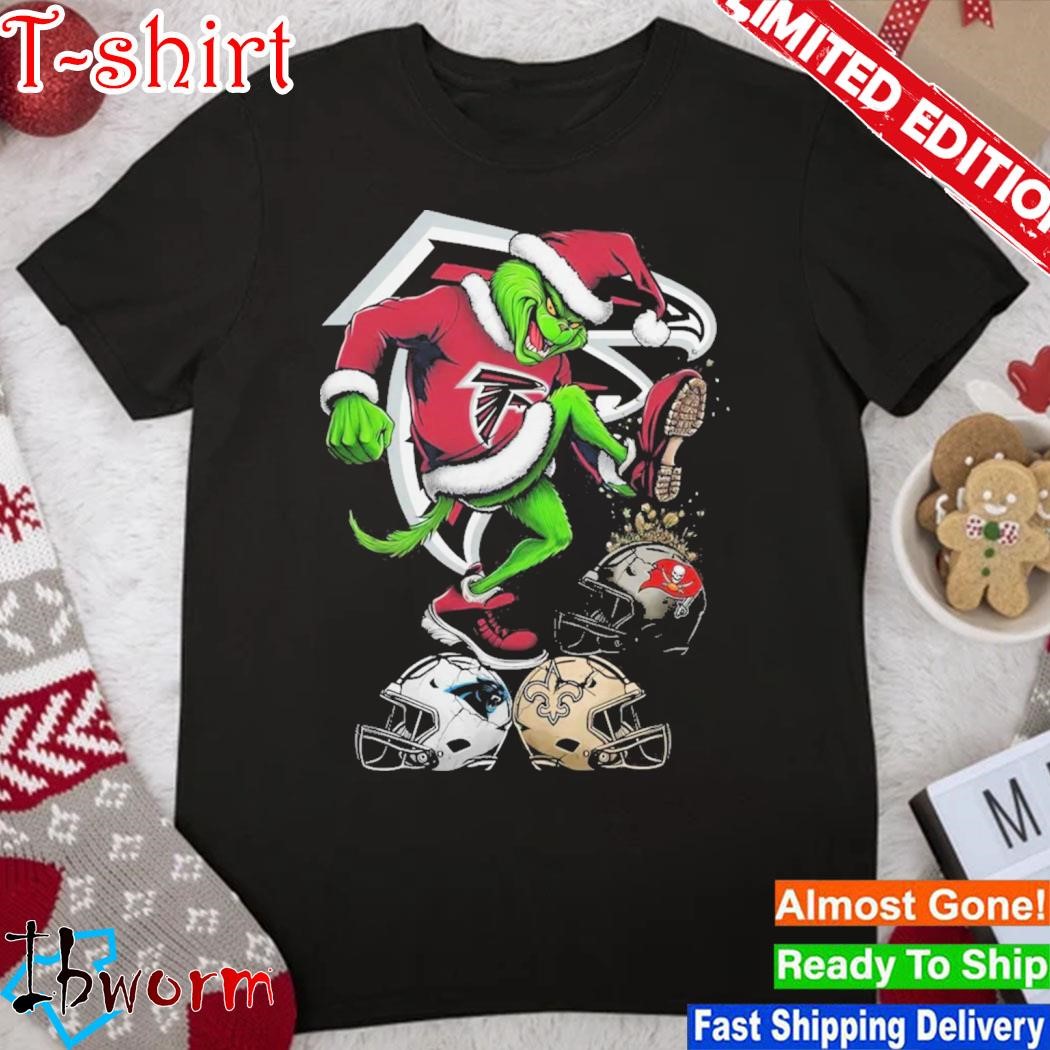 Official grinch Hat Santa Atlanta Falcons Stomp On NFL Teams Christmas Logo Shirt