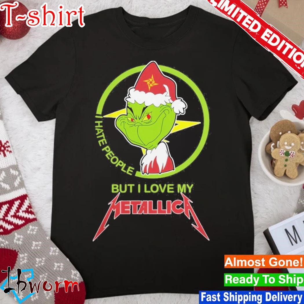 Official grinch Hat Santa I Hate People But I Love My Metallica Logo Shirt