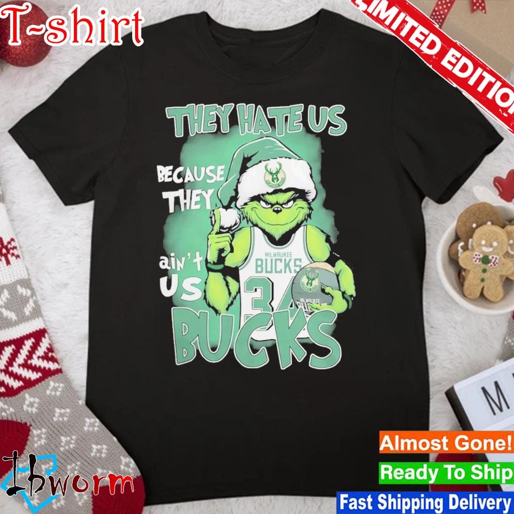 Official grinch Hat Santa They Hate Us Because They Ain’t Us Milwaukee Bucks Christmas Shirt