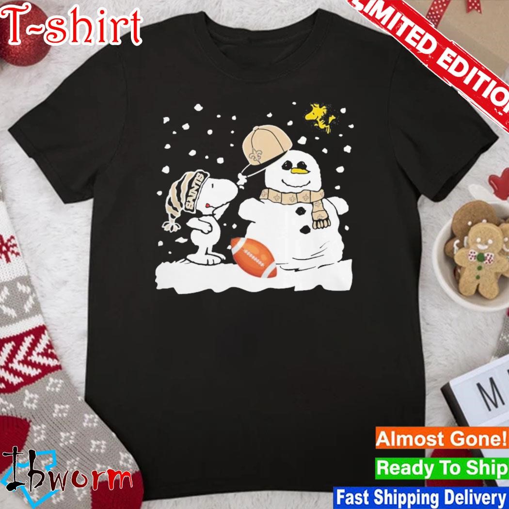 Official peanuts Snoopy And Woodstock Snowman New Orleans Saints Christmas Shirt